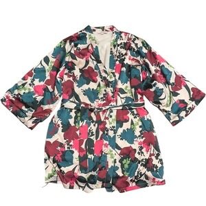 Etam Women's S Small Vibrant Floral Satin Fur Lined Kimono Robe
